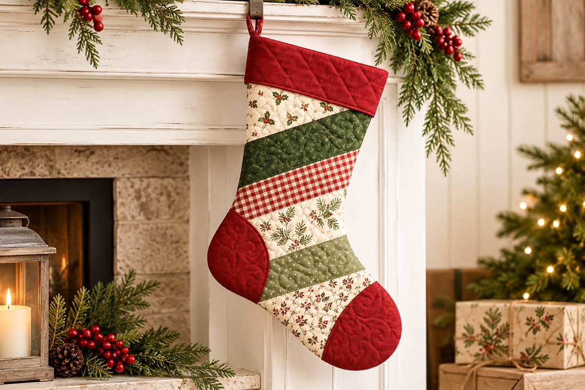 Finished farmhouse quilted Christmas stocking with diagonal red green and ivory patchwork strips cranberry cuff matching quilted heel and toe hanging from a Christmas mantel