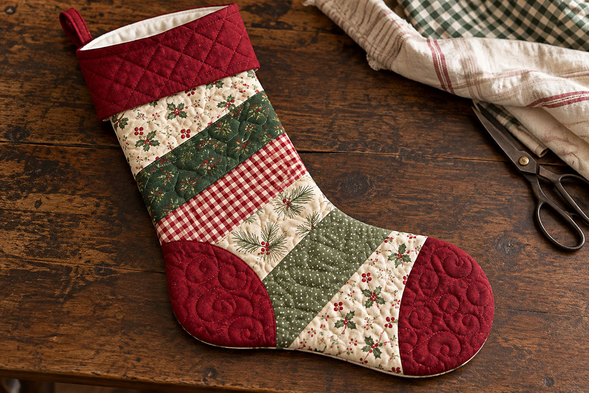 Finished farmhouse Christmas stocking showing cranberry diamond-quilted cuff white cotton lining diagonal holiday patchwork and matching quilted heel and toe