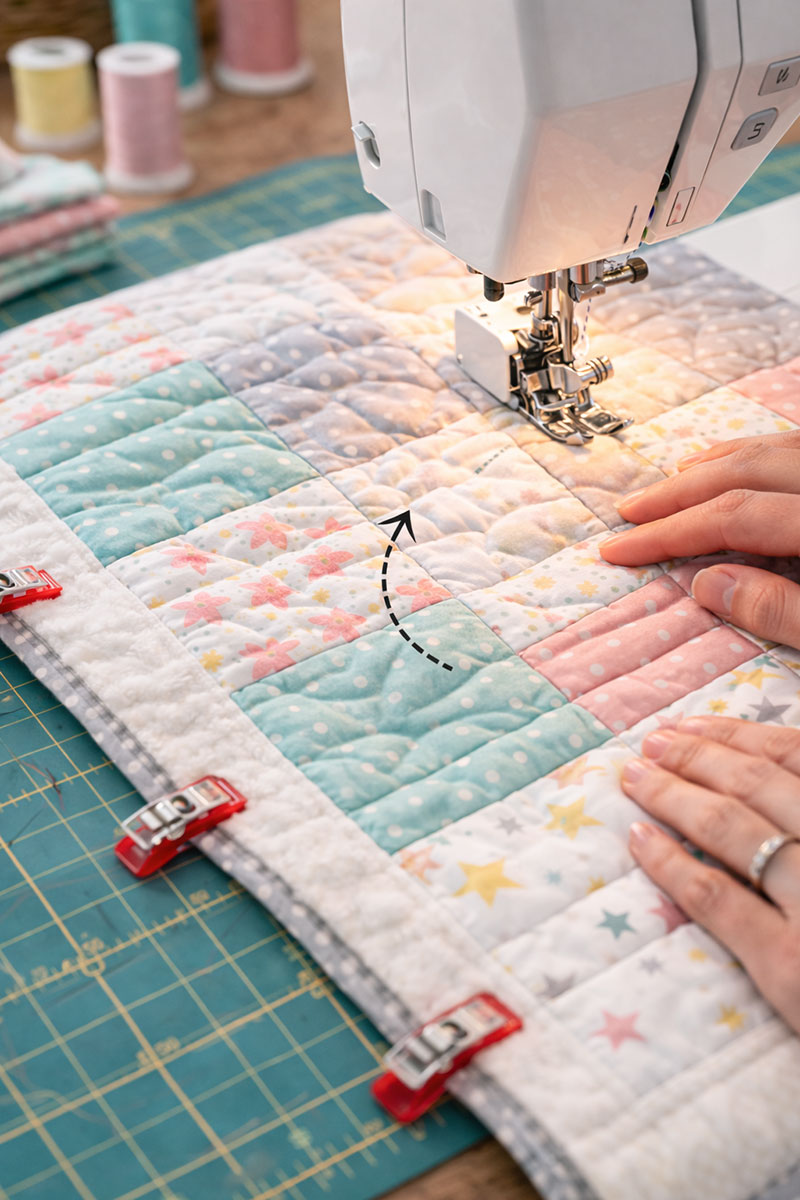 Fabric puckering during machine quilting caused by uneven layer feeding