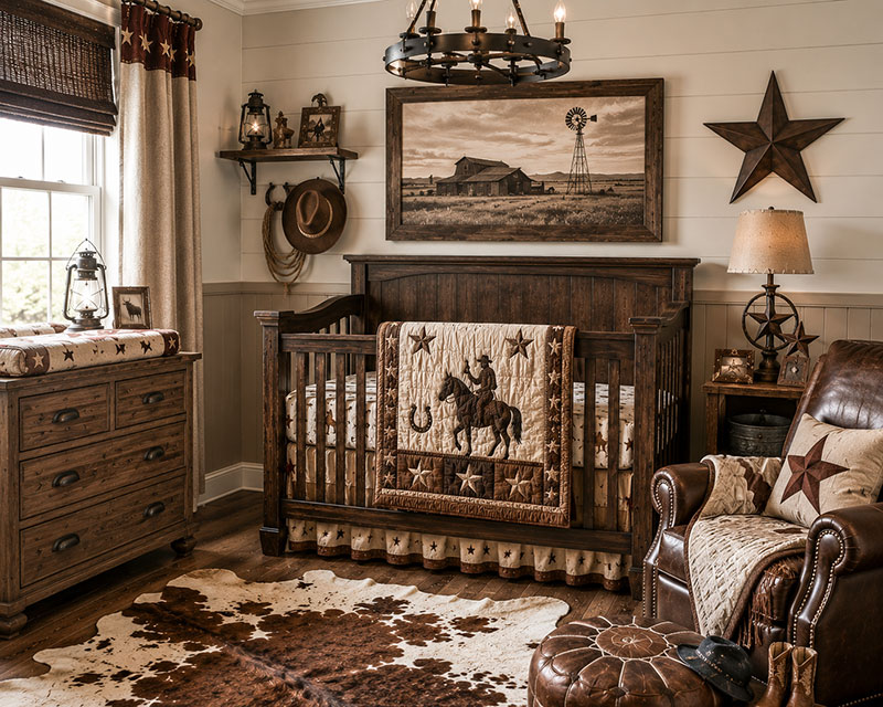 Ranch style cowboy nursery with western crib decor and vintage inspired furniture