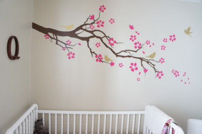 Vinyl baby nursery wall decal with branches gold birds and raspberry pink flowers