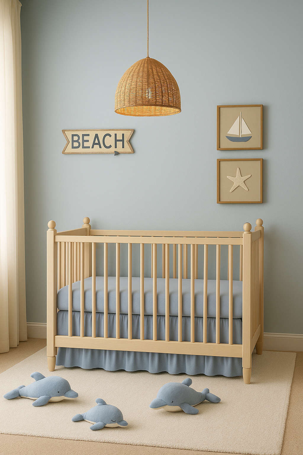 Rattan pendant light casting a warm glow in a neutral baby nursery