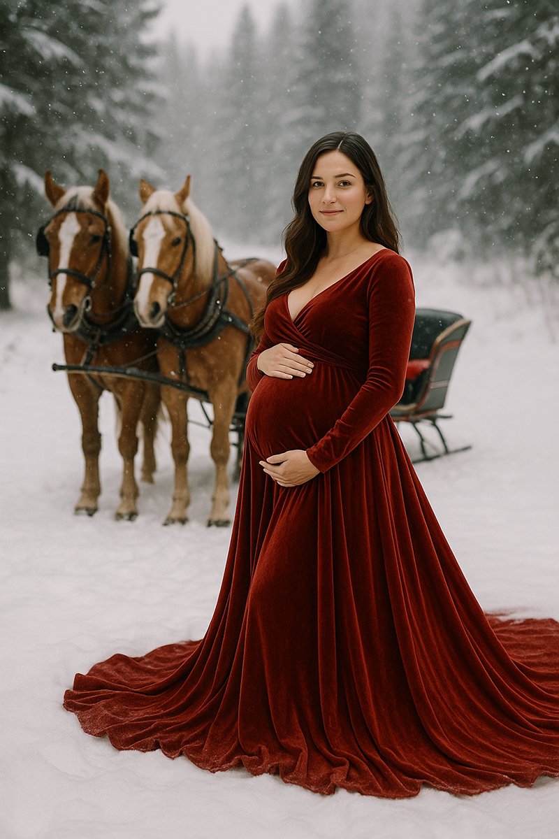 Pregnant brunette woman in a red velvet maternity gown with a long flowing train standing beside a horse-drawn sleigh in a snowy forest, soft daylight and falling snow creating a natural, romantic Christmas photo shoot scene.