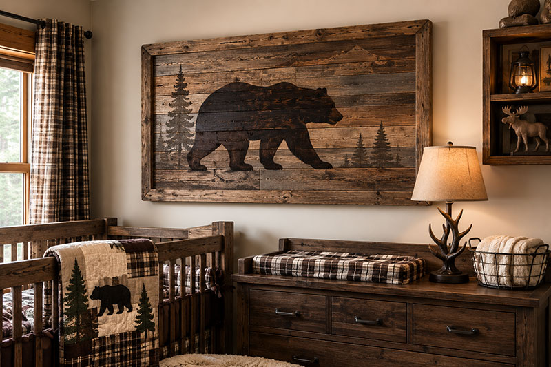 Reclaimed wood wall art inside a rustic bear nursery with cabin style decor