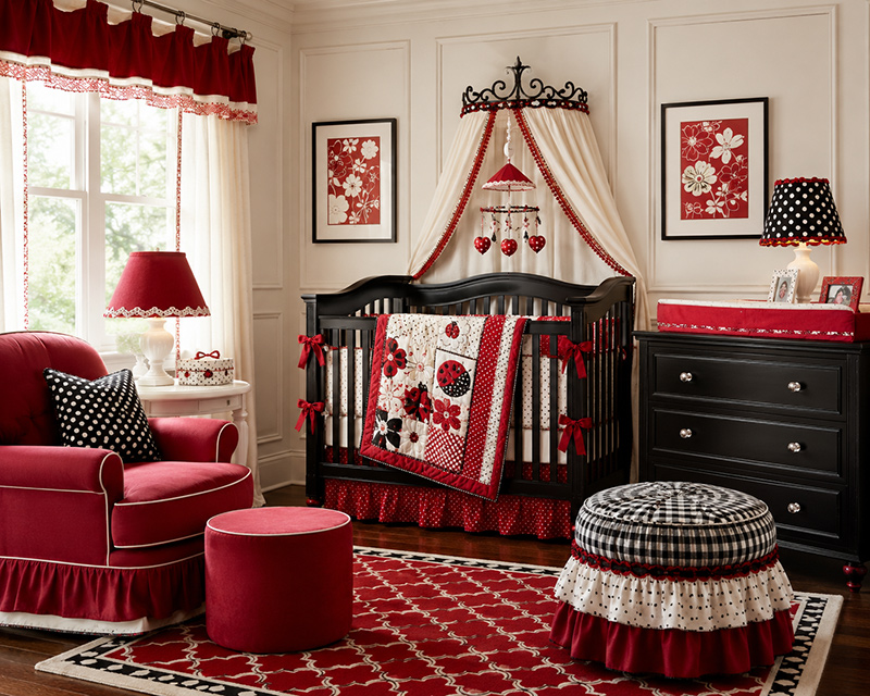 Red crib bedding with white nursery furniture, soft red accents and coordinated baby room decor