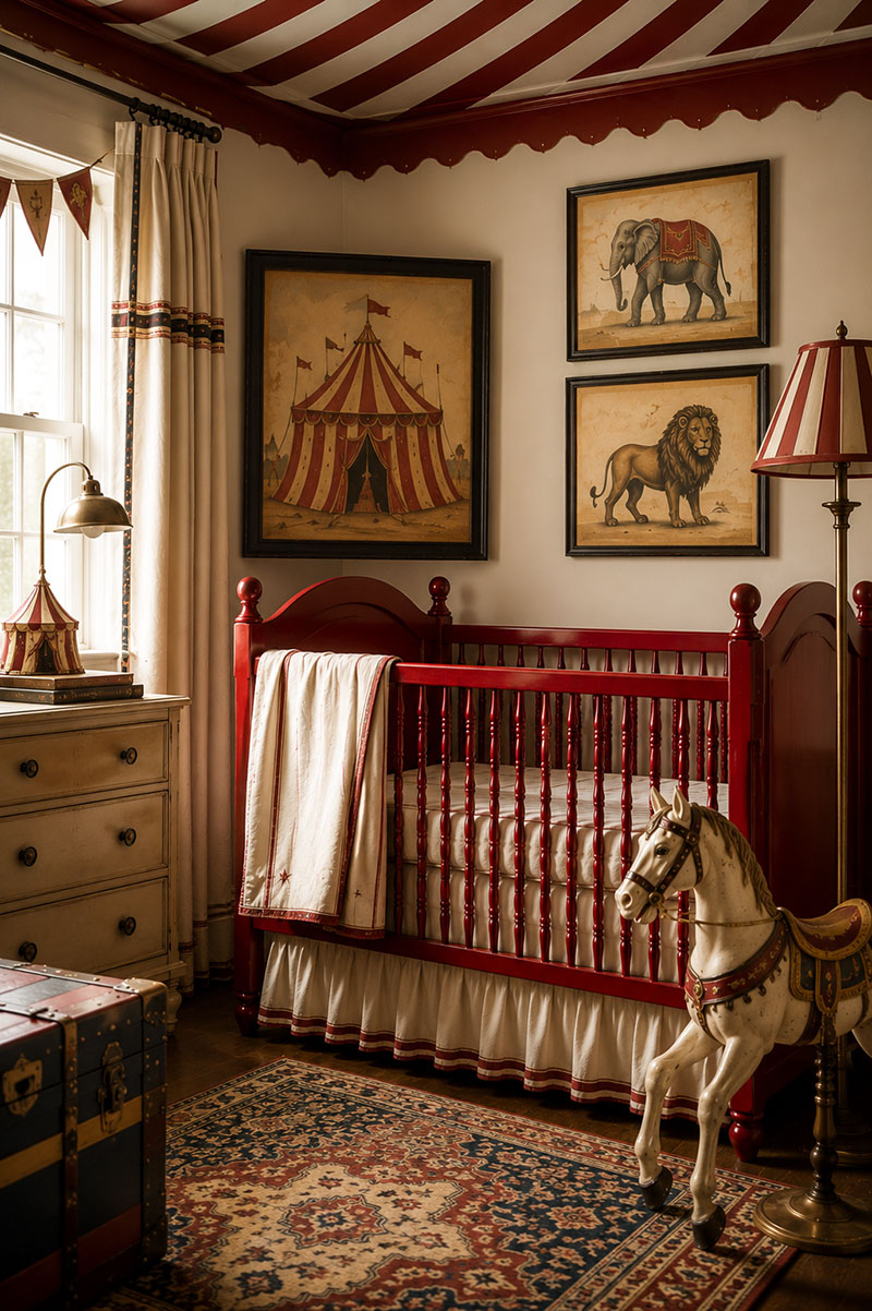 Vintage circus nursery with lacquered red crib, striped trim, and antique carnival inspired decor