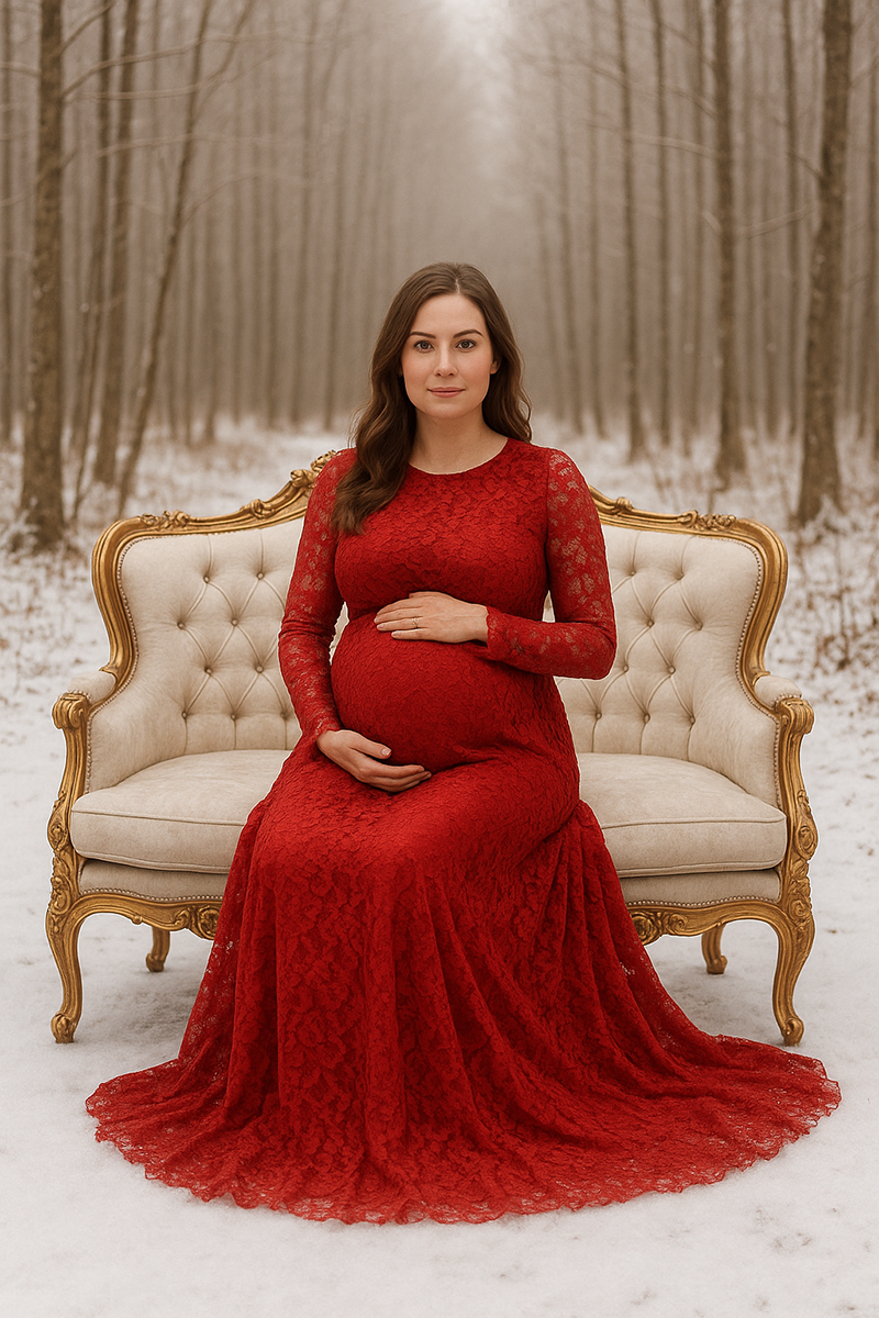 Pregnant woman in a holly berry red lace maternity gown sitting on a white velvet settee surrounded by snow-covered trees