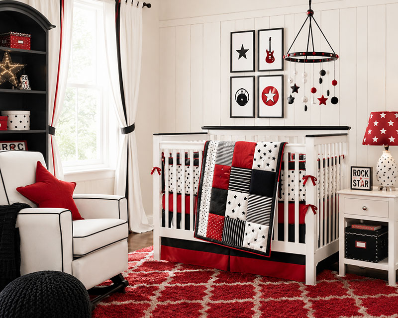 Red, white and black nursery decorated for a baby boy or girl Red, white and black nursery decorated for a baby boy or girl