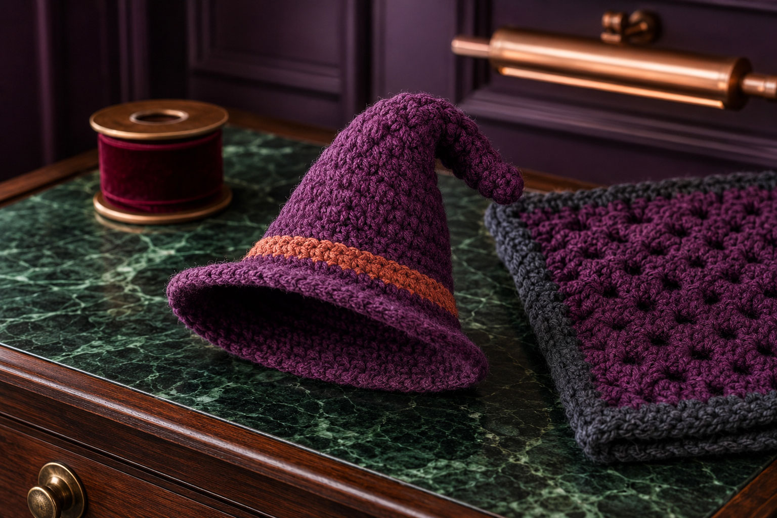 Removable deep plum crochet witch hat with a bent point, contrasting band and wide soft brim