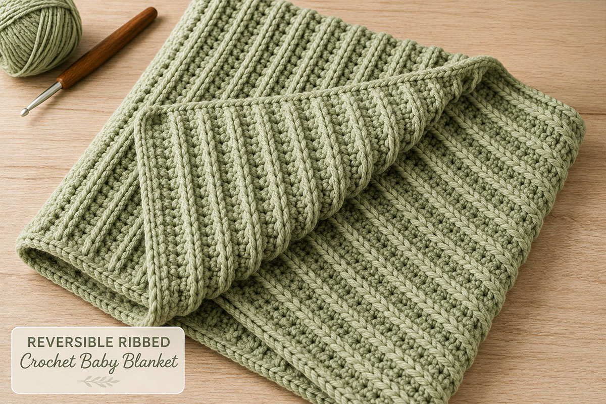 Finished vertical ribbed crochet baby blanket folded to display the attractive texture on both sides