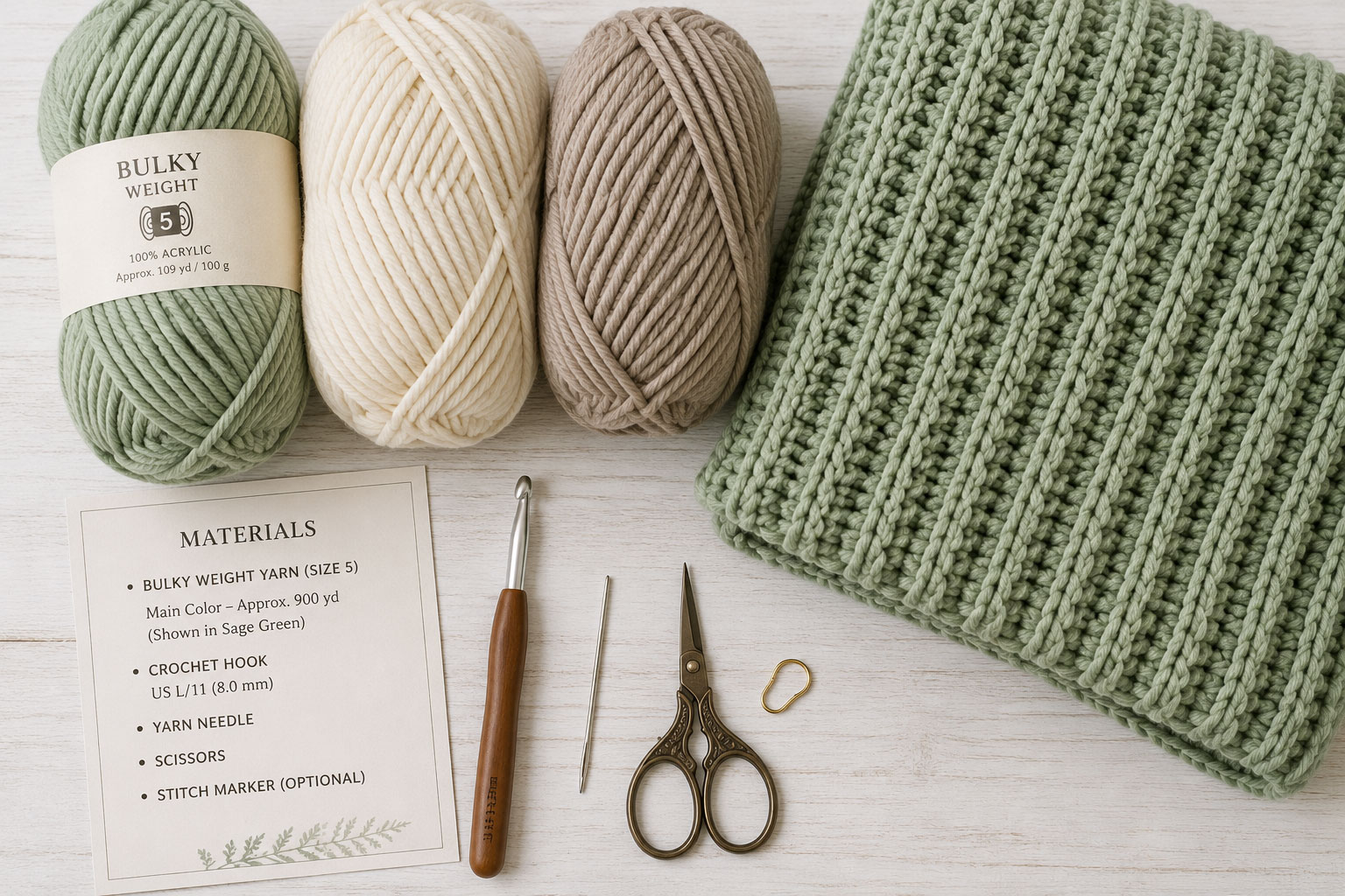 Size 5 bulky yarn, crochet hook, yarn needle, scissors and stitch marker arranged beside a vertical ribbed crochet sample
