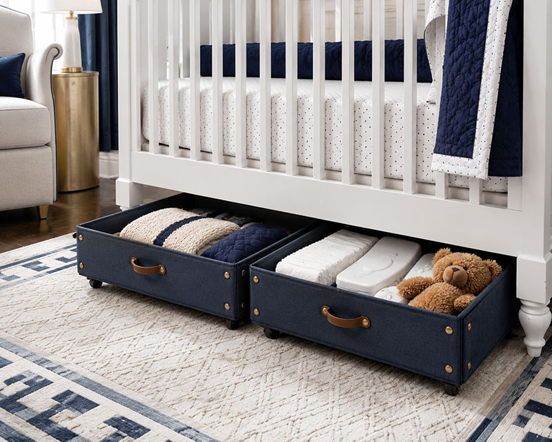 Rolling bins organized underneath a crib in a modern nursery
