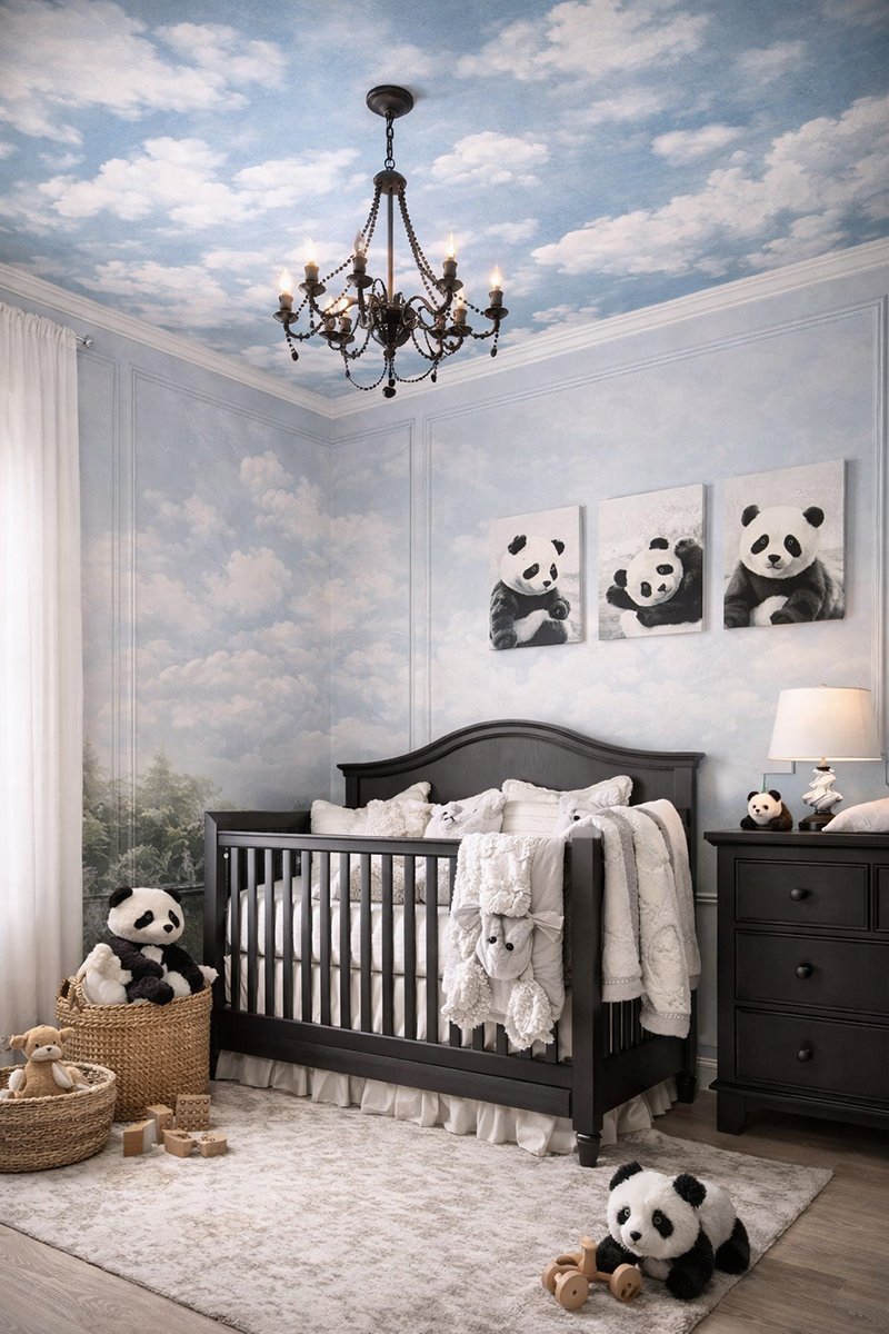 Soft cloud ceiling mural painted above a panda bear nursery theme with a black chandelier
