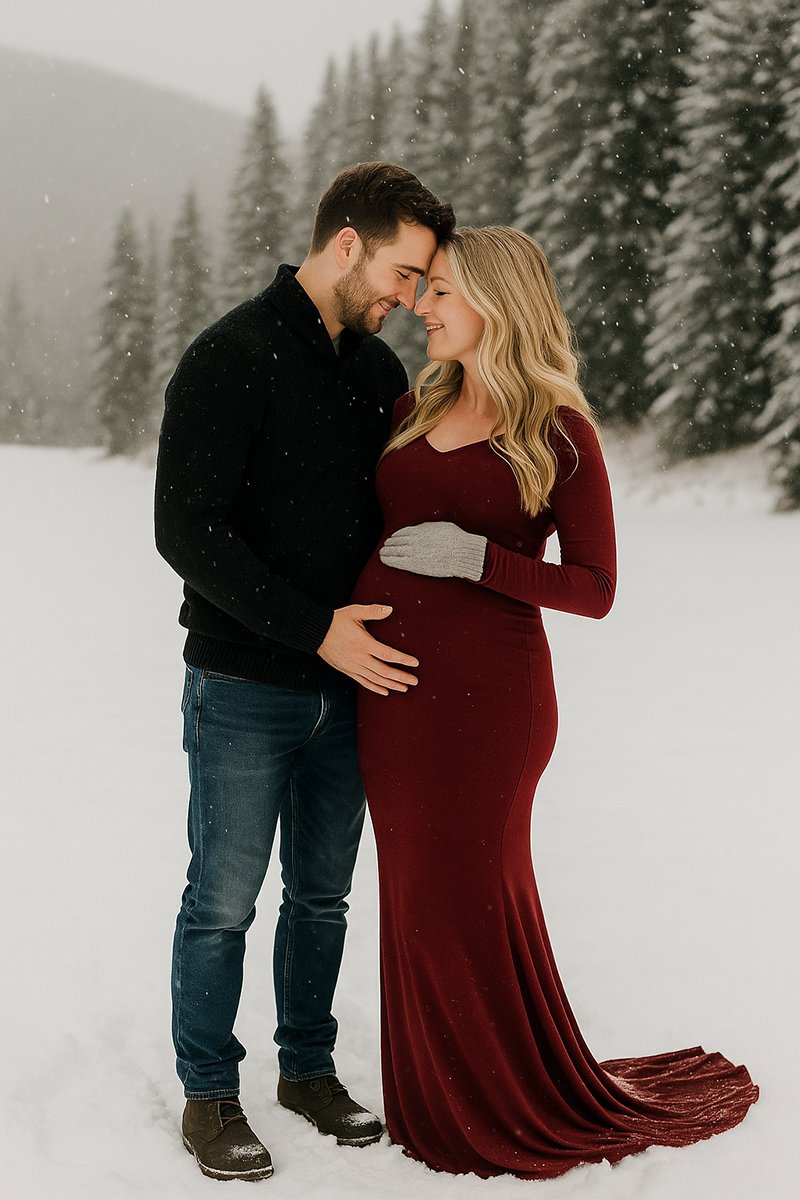 Expecting couple embracing in a romantic outdoor maternity photo shoot surrounded by snowy pine trees at sunset.