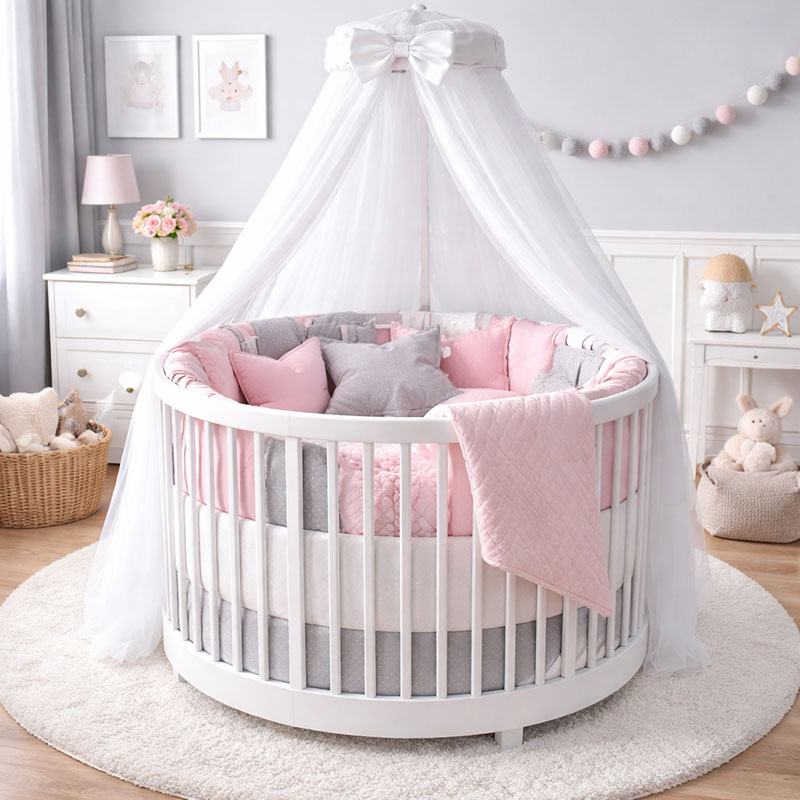 Round baby crib with pink, grey, and white bedding in a modern nursery