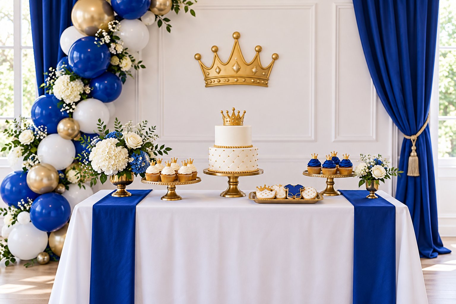 Royal prince baby shower backdrop with royal blue and white draping a gold crown decoration blue and white balloon garland and a coordinated dessert table