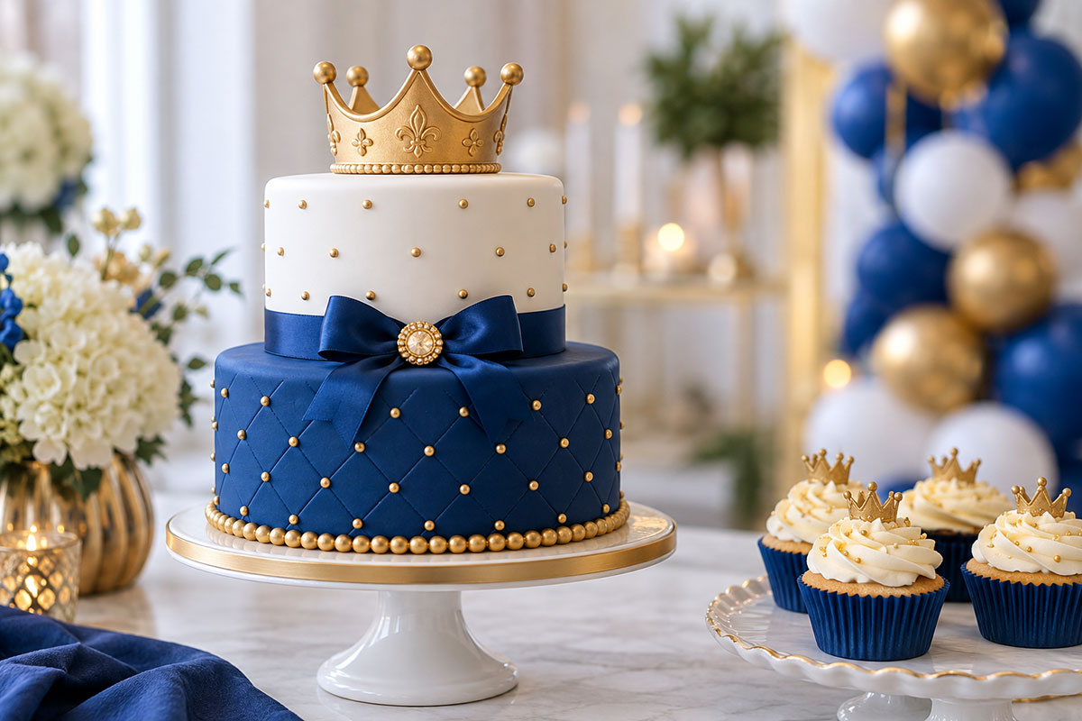 Elegant two tier royal prince baby shower cake decorated in white and royal blue with a small gold crown topper displayed beside coordinating crown cupcakes