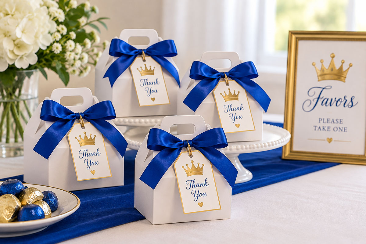 Royal prince baby shower favors arranged in small white gift boxes with royal blue satin bows and antique gold crown gift tags on a decorated table