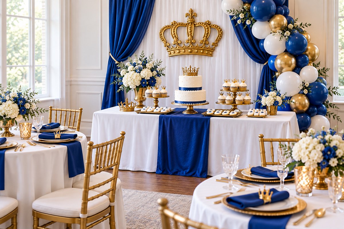 Royal prince baby shower dessert table decorated with royal blue and white linens antique gold crowns a tiered cake crown cupcakes and coordinating balloon decorations