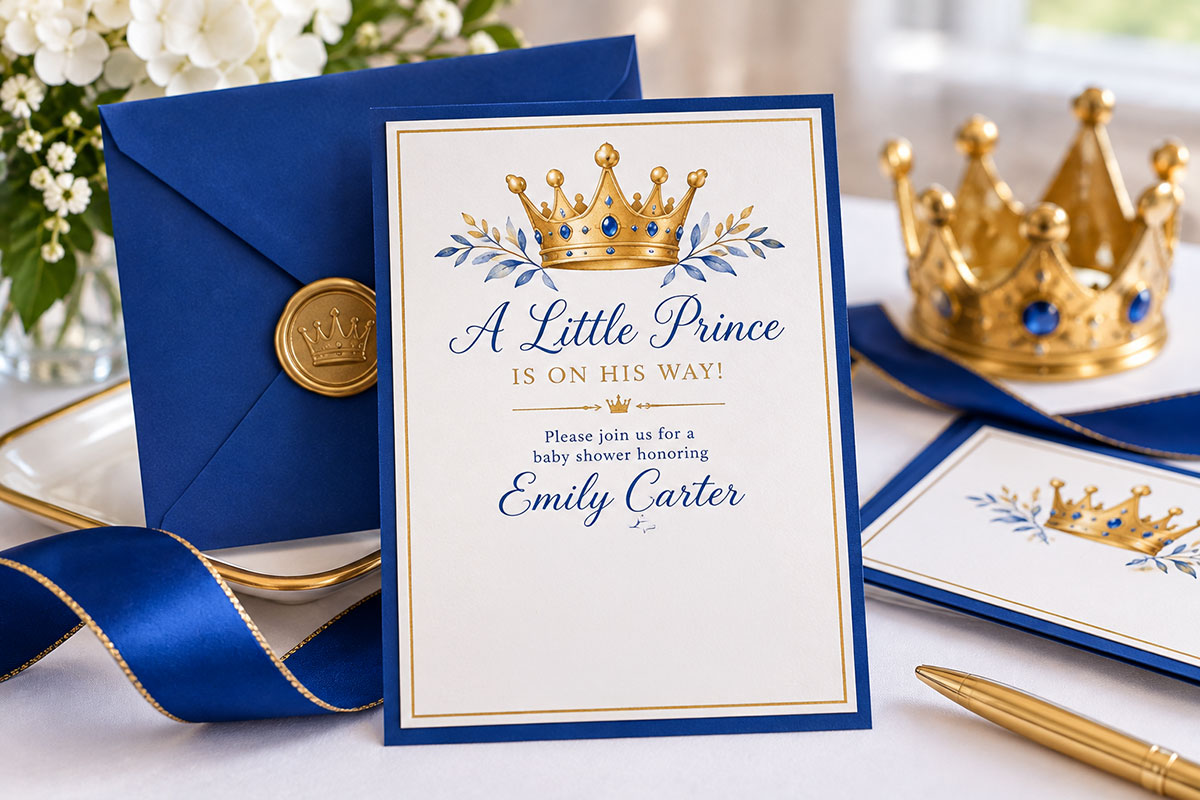 Royal prince baby shower invitation cards with white backgrounds royal blue borders antique gold crown illustrations matching blue envelopes and satin ribbon