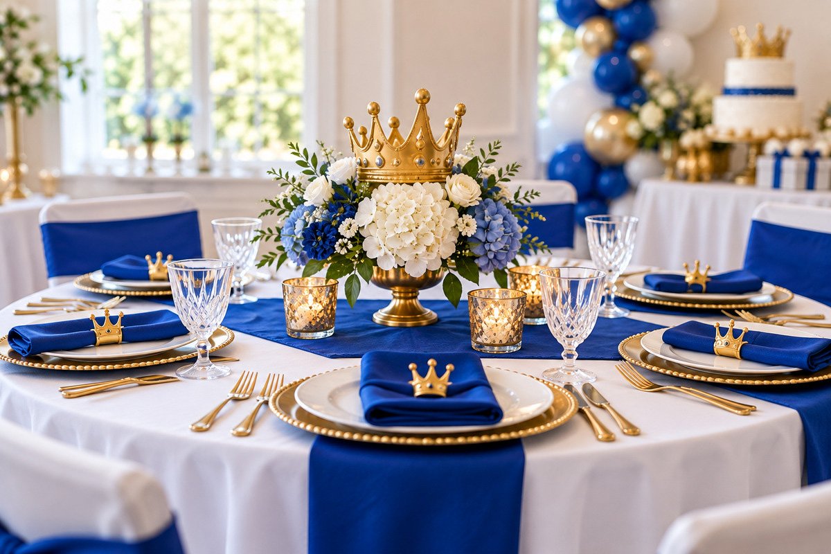 Elegant royal prince baby shower guest table with white tablecloth royal blue runner white plates blue napkins and small antique gold crown accents