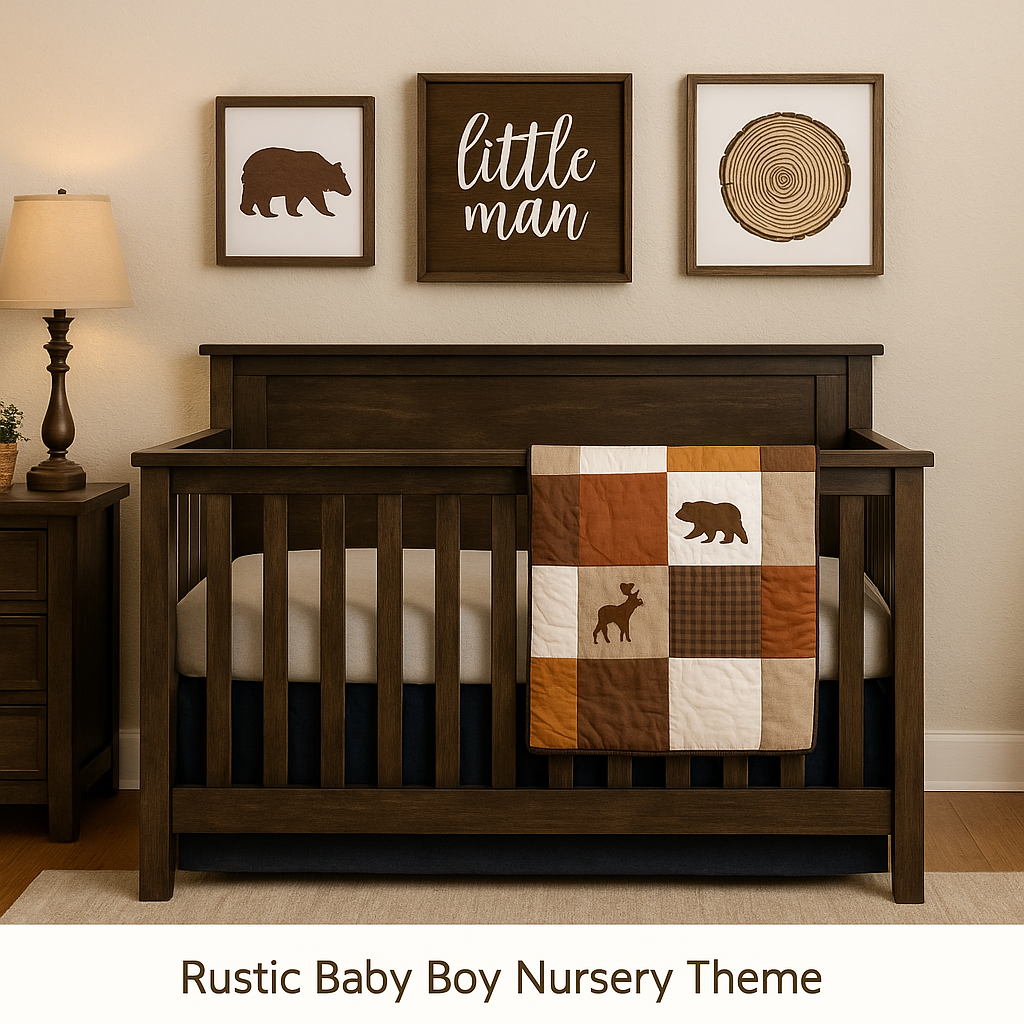 Rustic baby boy nursery theme with wood furniture and warm tones
