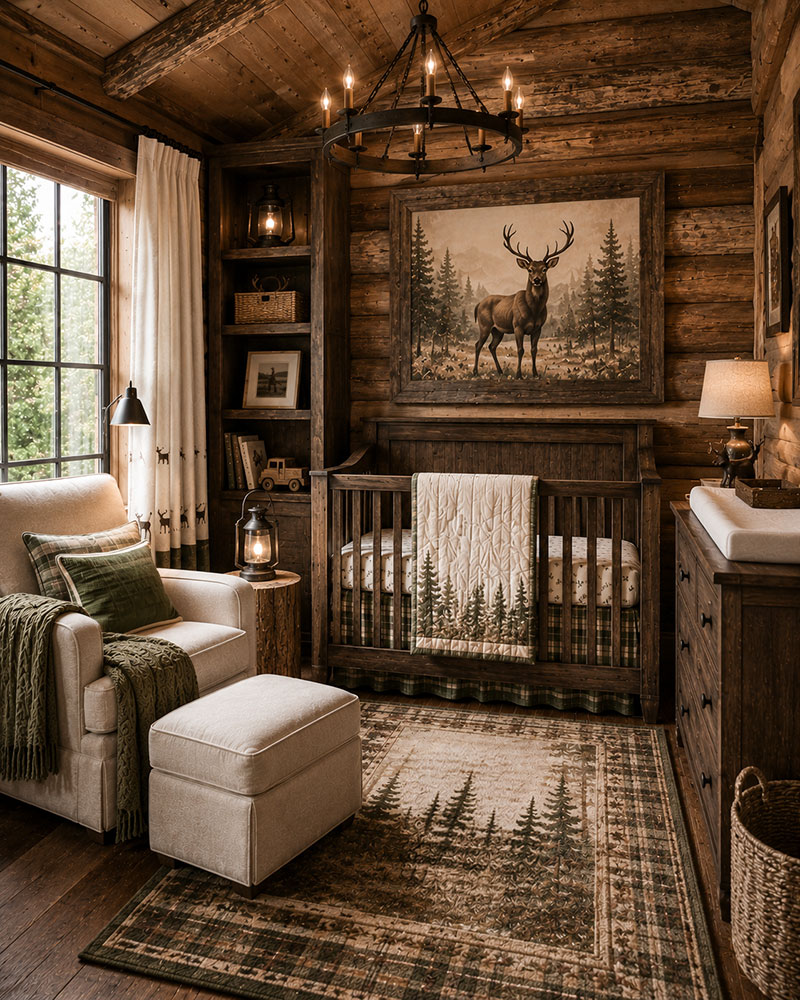 rustic deer nursery with modern crib wood dresser and whitetail deer wall art