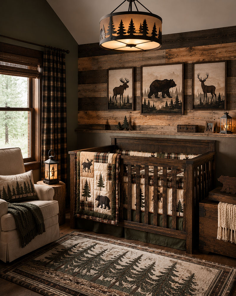 Bear themed nursery with plaid bedding, rustic wood crib, and cabin style decor