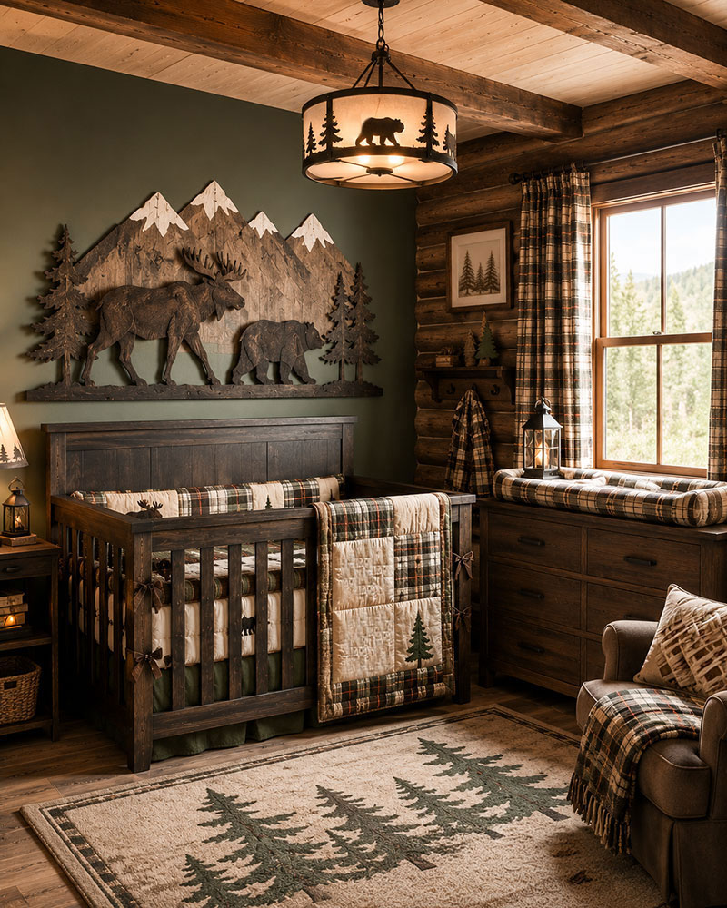 Bear nursery with rustic log cabin crib, moose quilt, plaid curtains, and woodland nursery decor