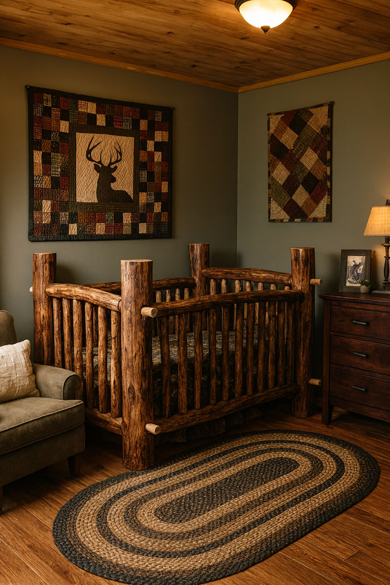 Rustic log cabin nursery with handmade quilts and log crib