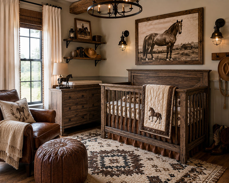 Rustic western crib in a horse nursery with layered neutral decor