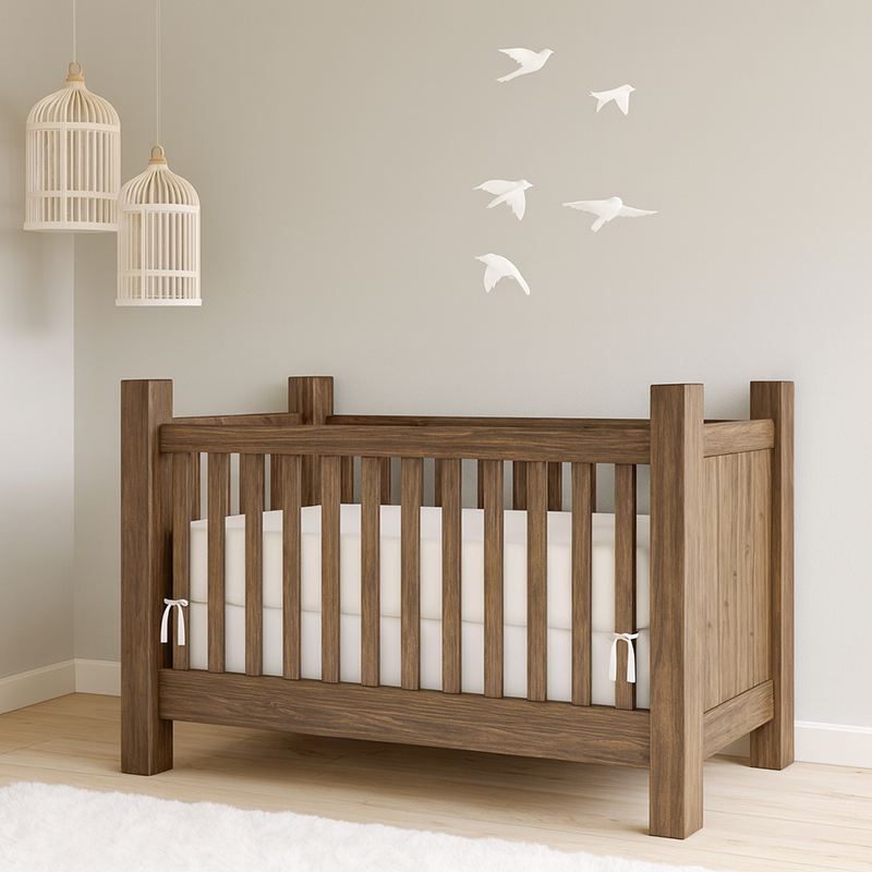 Rustic wooden baby crib in a cozy handmade nursery with natural wood furniture