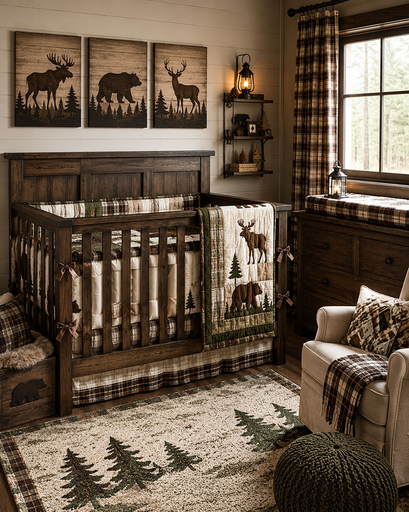 Rustic woodland nursery with bear and deer decor for a baby boy room