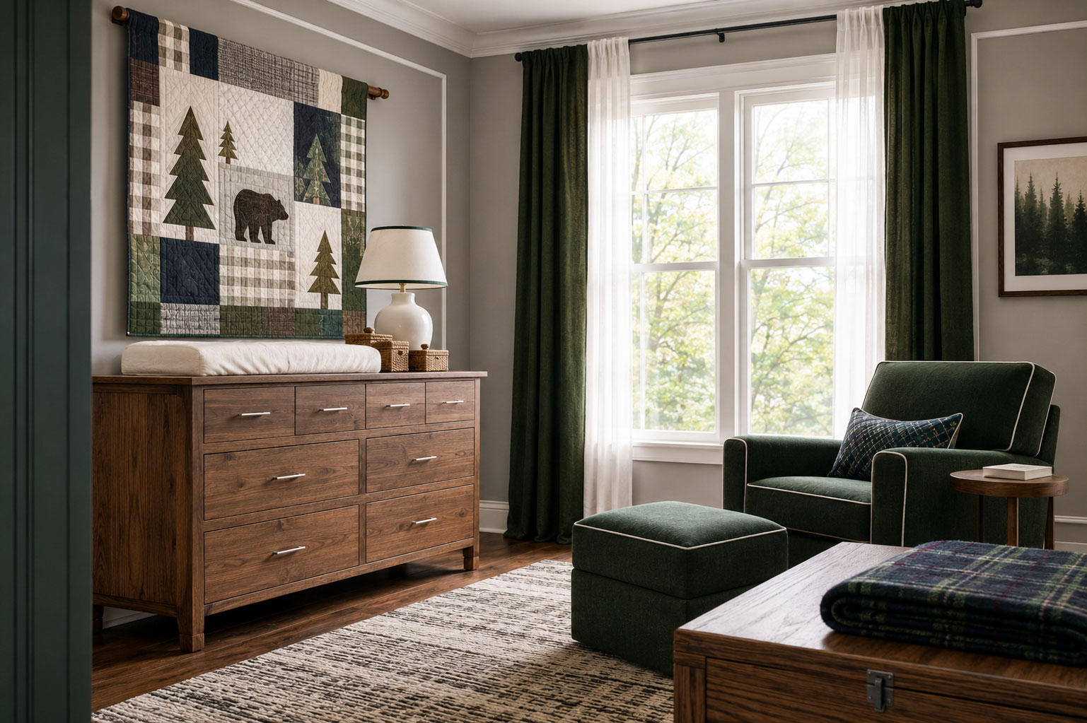 Rustic woodland bear nursery wall with framed forest artwork, plaid textiles and warm wood furniture