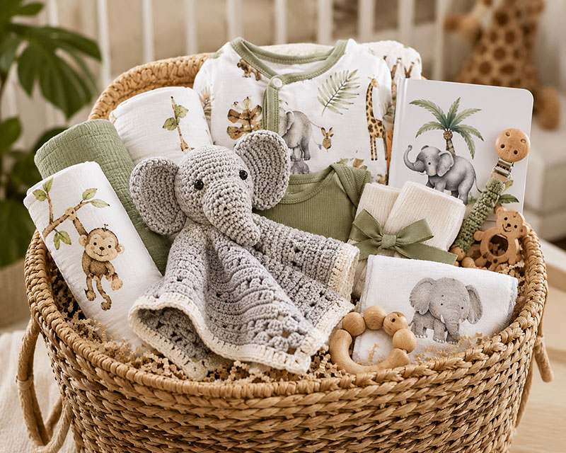 Safari baby shower gift basket with jungle animal baby items and neutral nursery gift ideas