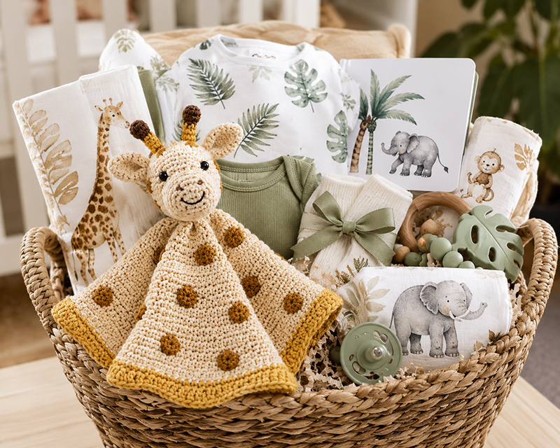 Safari baby shower gift ideas with jungle animal baby gifts, crochet items, and themed basket inspiration