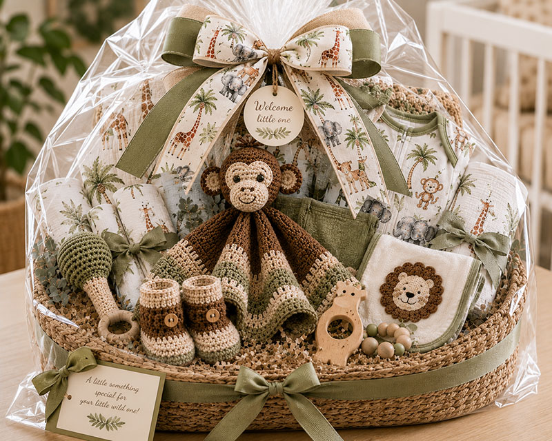 Safari baby shower gift wrapping ideas with jungle animal tags and baby gift presentation
