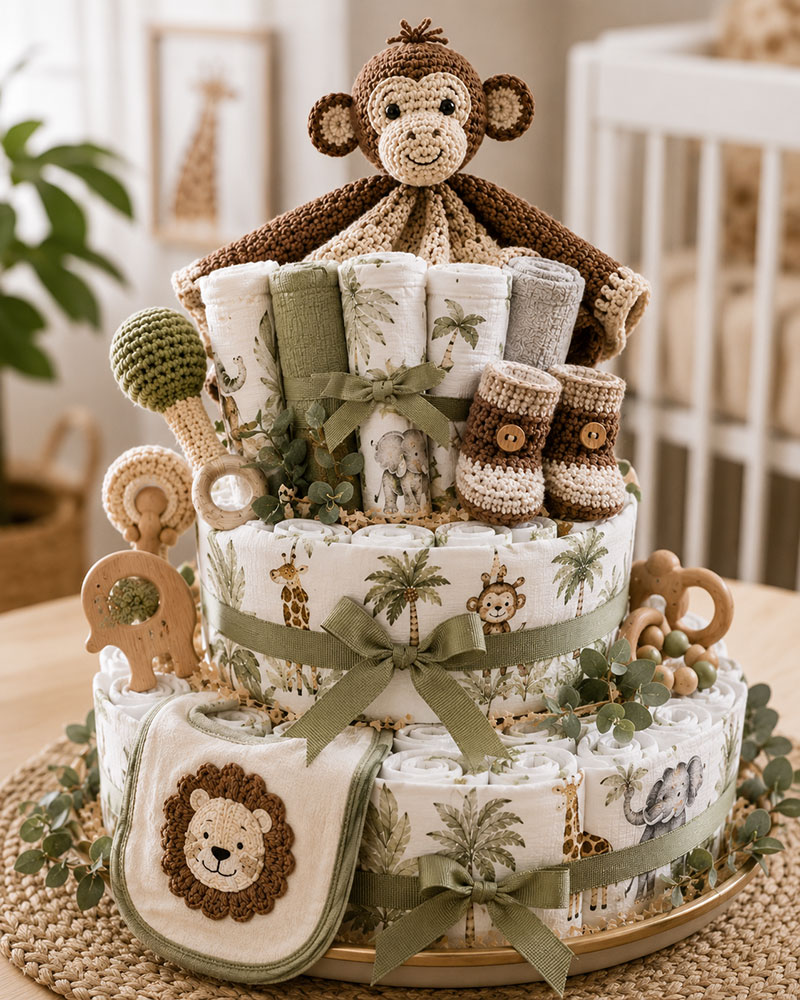 Safari diaper cake gift idea with jungle animal baby shower presentation