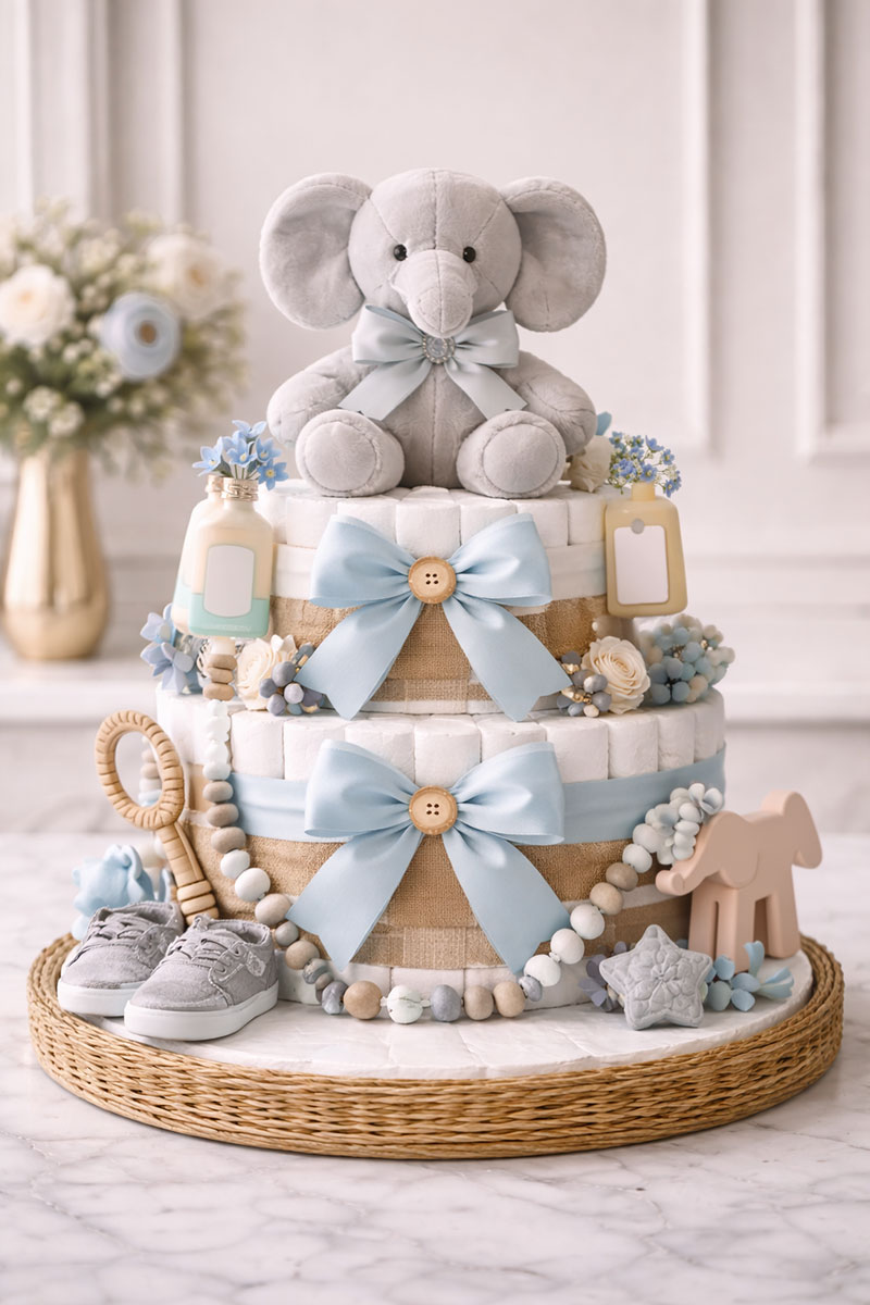 safari diaper cake baby shower centerpiece with jungle animals and greenery