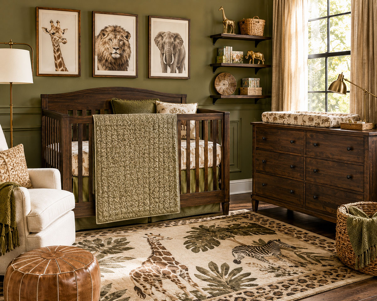 Safari nursery with coordinated crib bedding area rug and tailored window treatments