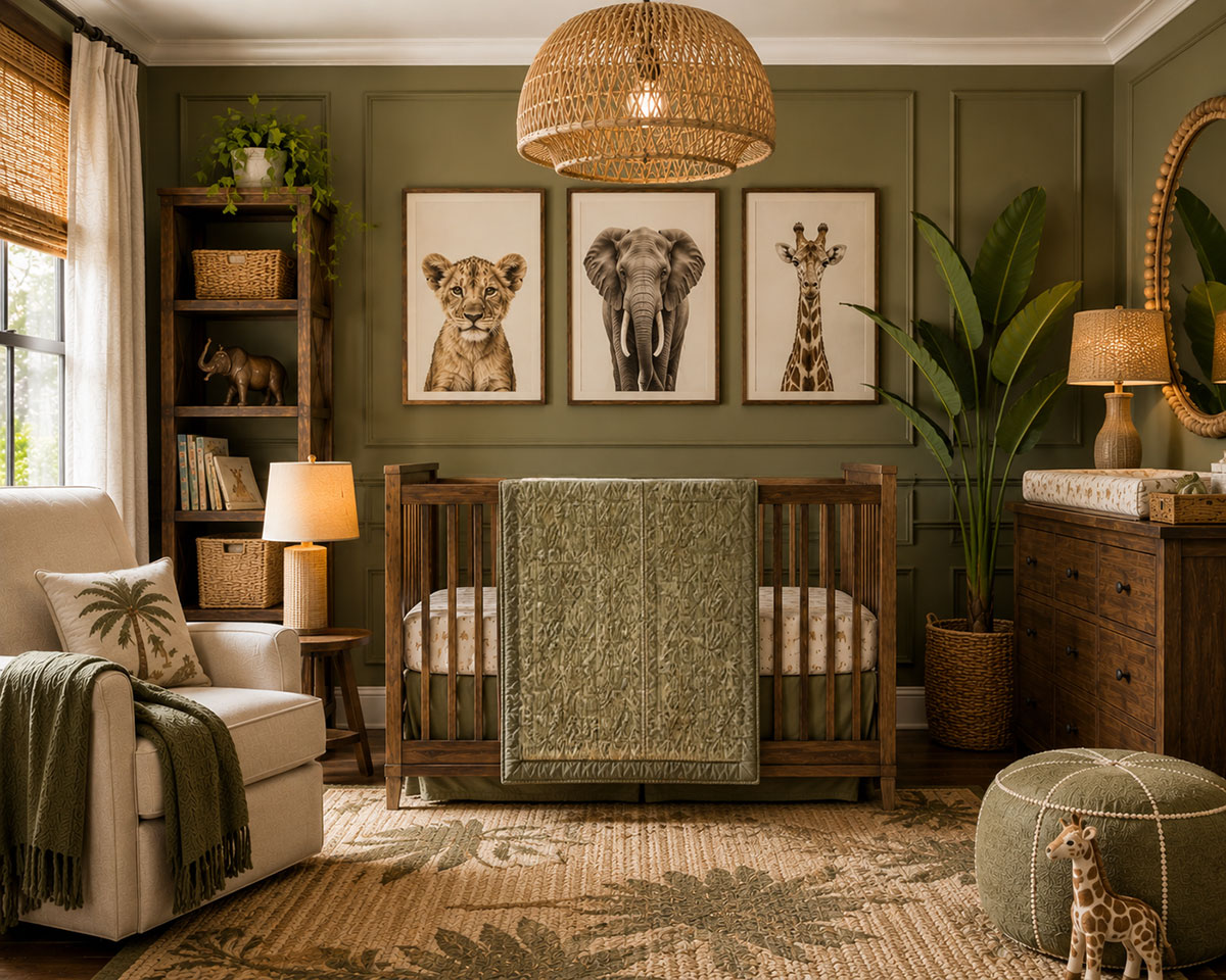 Three coordinated safari nursery decorating styles for baby boy, baby girl and gender neutral rooms