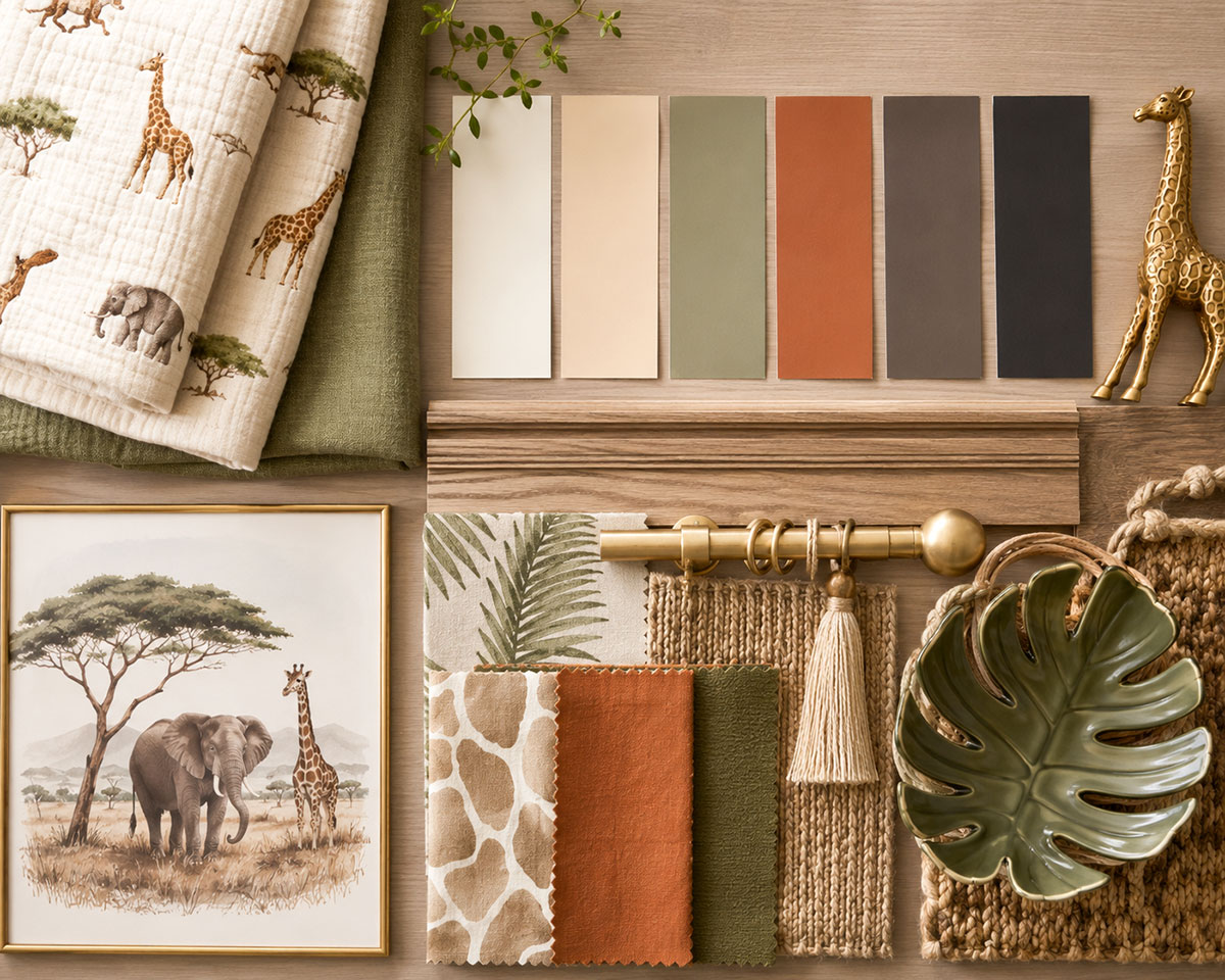 Safari nursery with coordinated wood furniture, framed safari animal artwork, woven baskets and earthy color palette