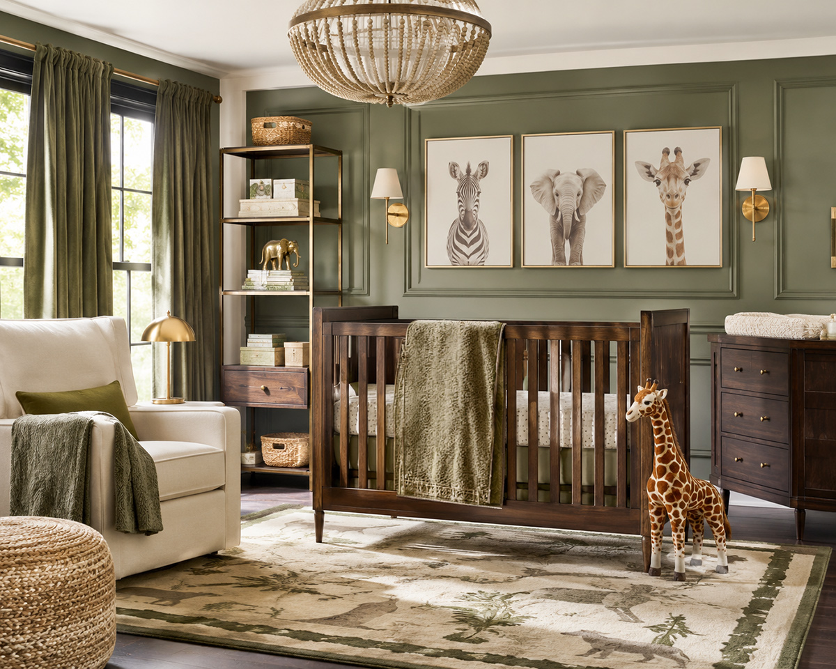 Safari nursery decor ideas featuring modern safari animal wall art, natural wood crib, green accents and coordinated baby room accessories