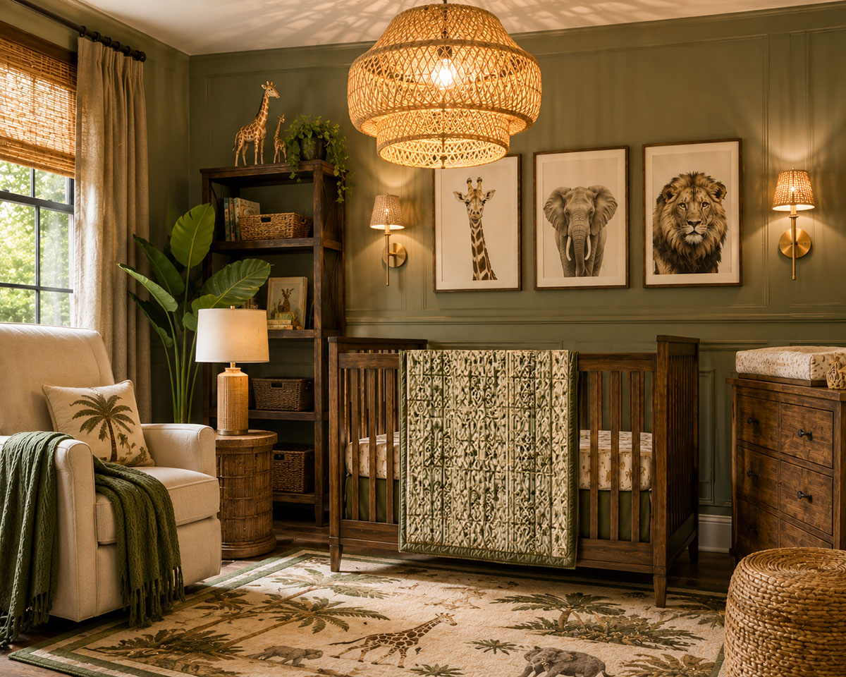 Luxury safari nursery featuring layered lighting woven storage baskets and coordinated safari decor