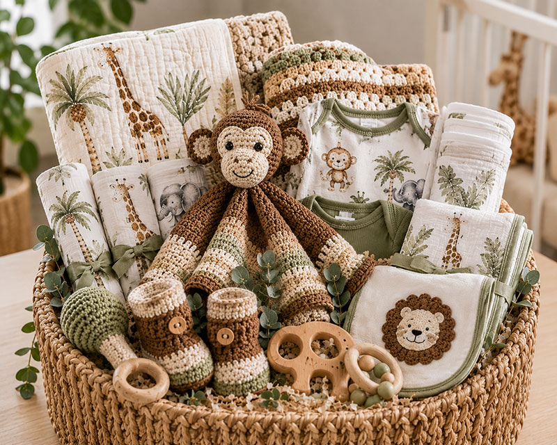 Safari nursery ready baby gifts with jungle animal decor and practical baby items