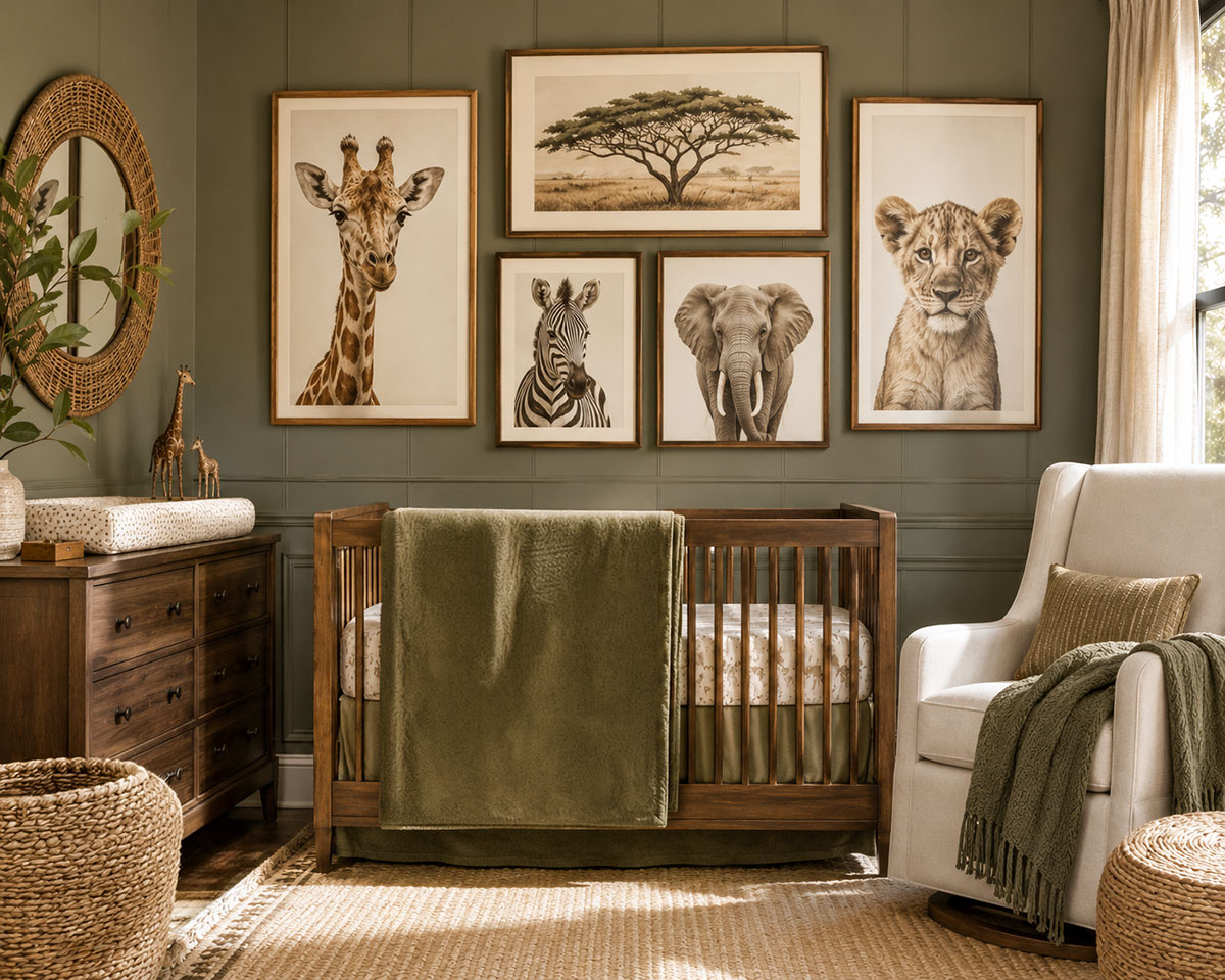 Magazine quality safari nursery wall decor with coordinated giraffe elephant and lion artwork beside a natural wood crib