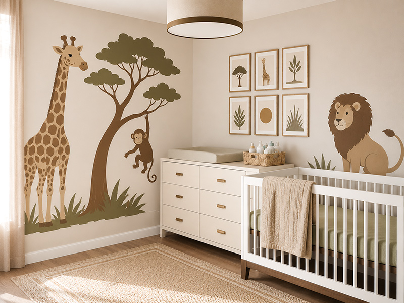 Modern safari nursery wall mural with giraffe, lion and jungle tree creating a stylish baby nursery accent wall