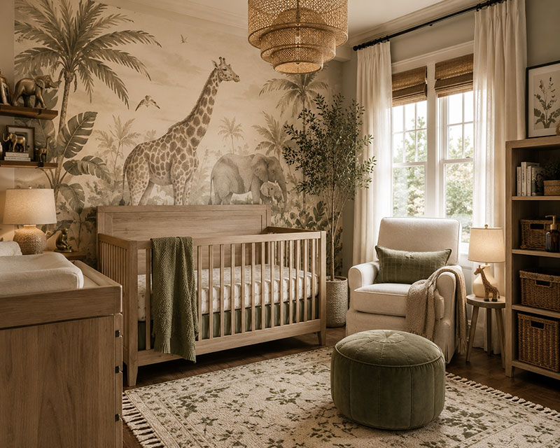 Safari nursery wallpaper with modern jungle inspired styling