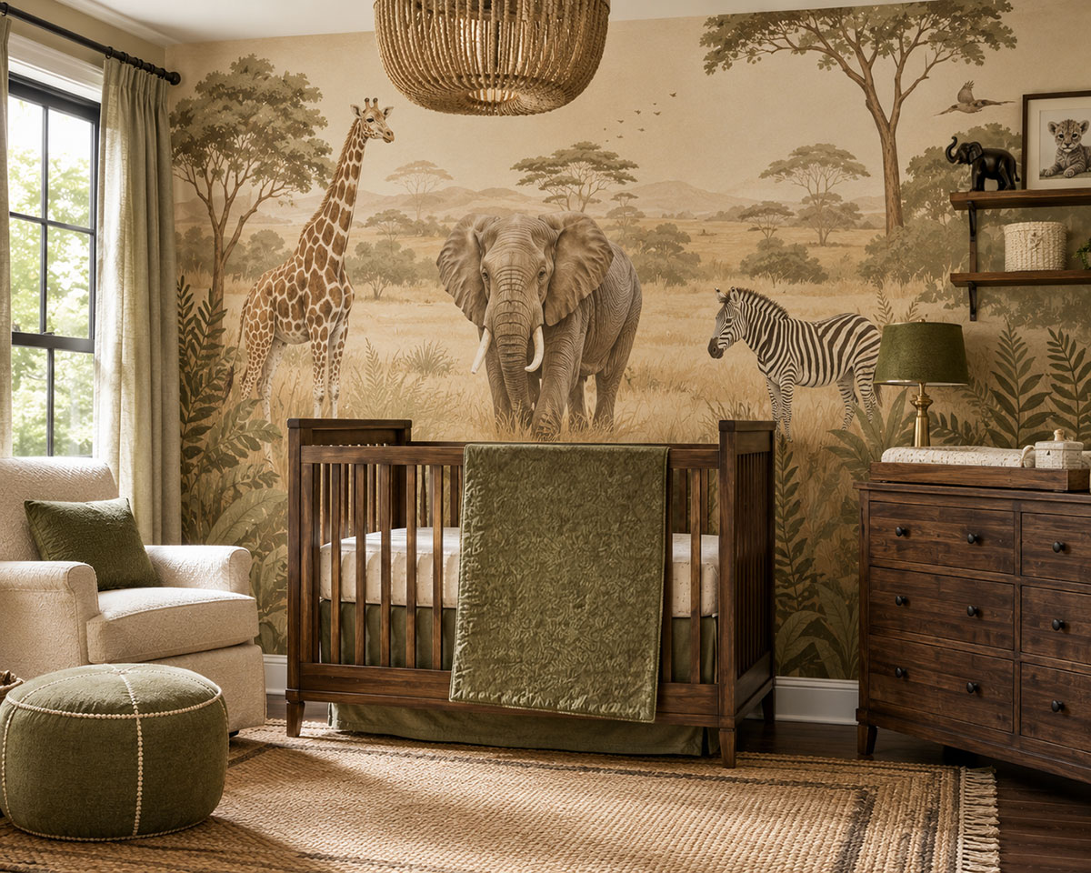 Modern safari nursery featuring an elegant safari wallpaper accent wall with coordinated nursery furniture