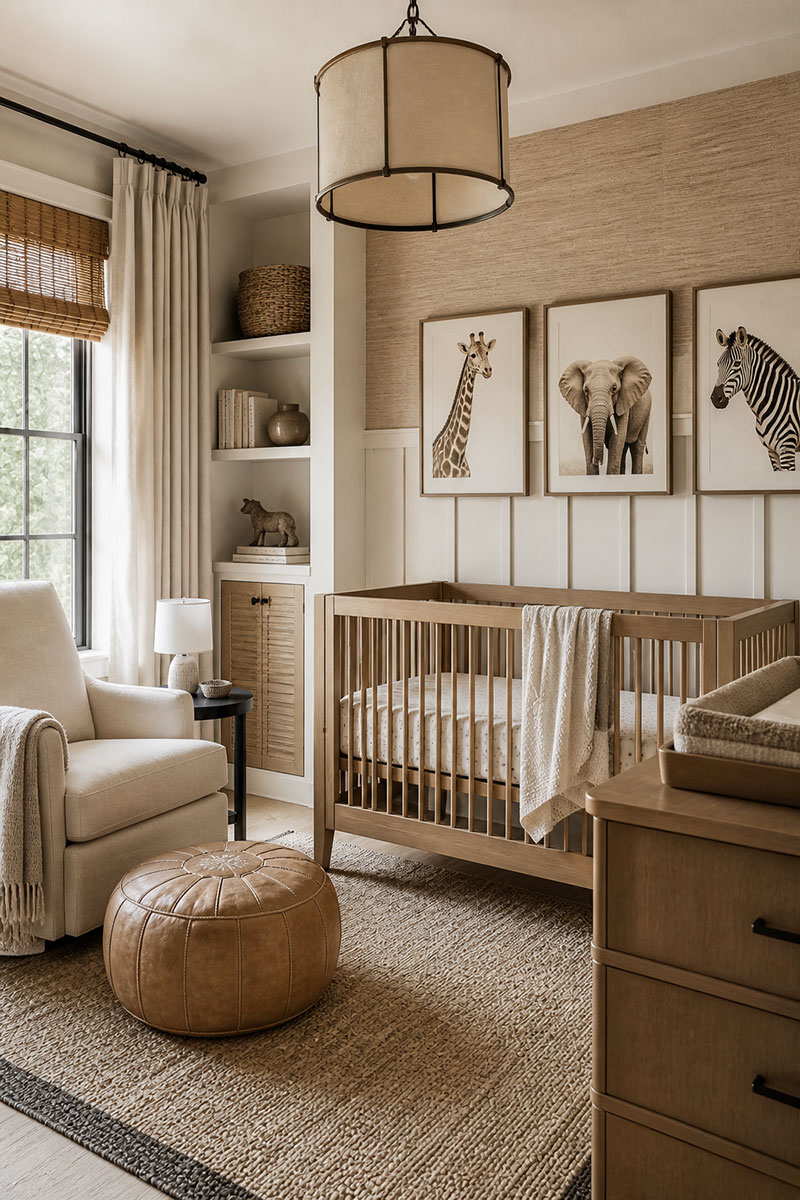 Safari theme nursery with animal wall art, neutral crib bedding, and styled baby room decor